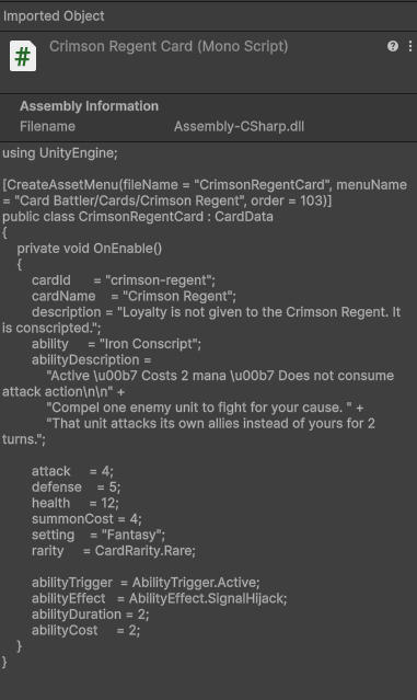 Screenshot of card data structure for Crimson Regent