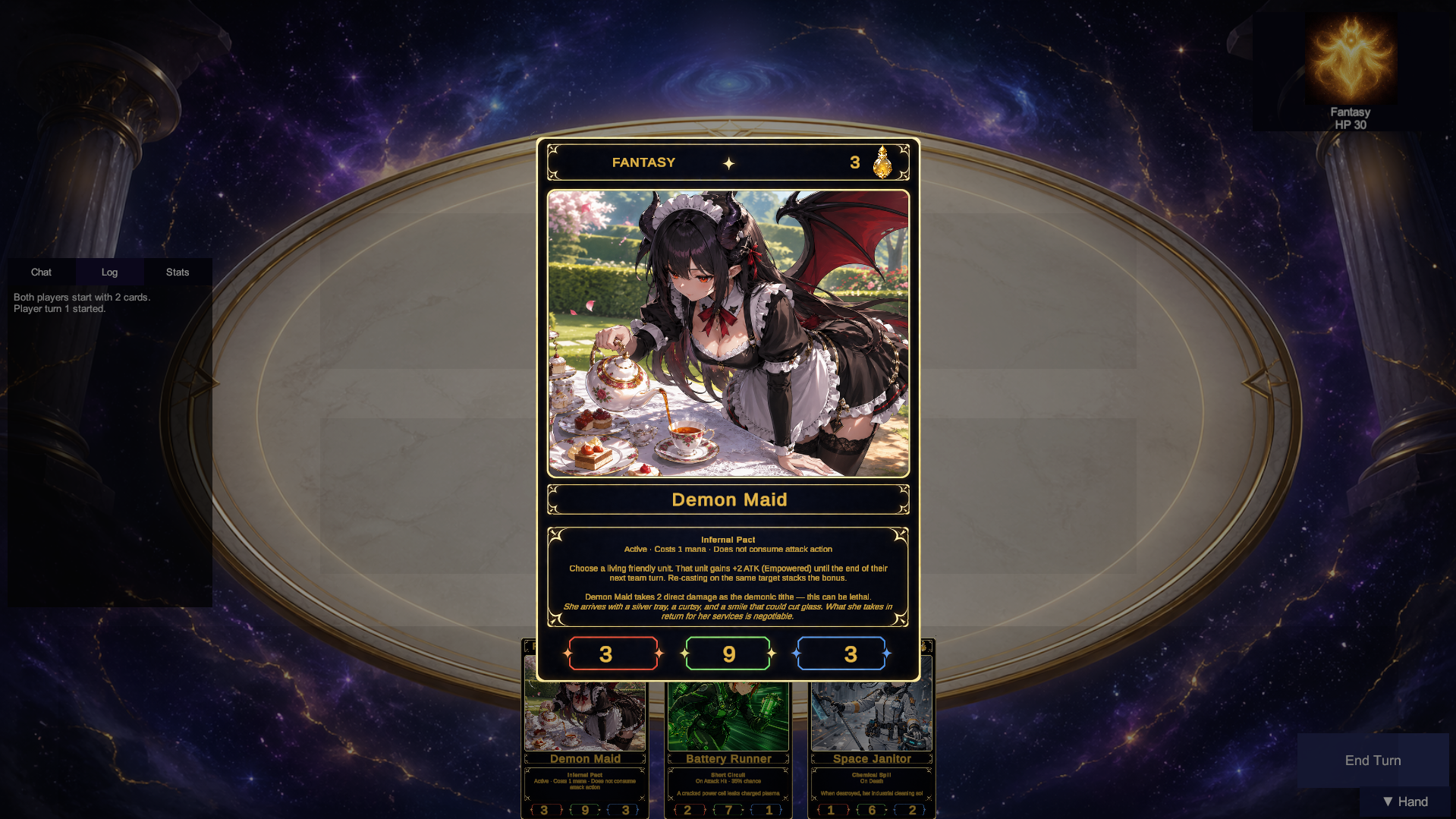 Player hand showing Demon Maid card