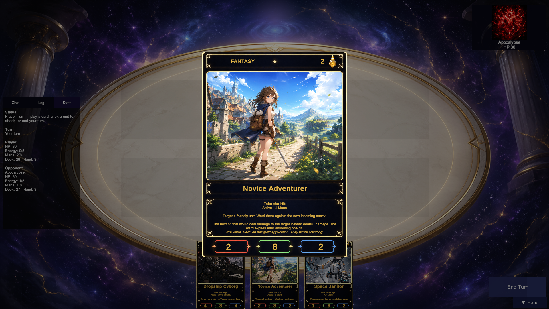Pre-alpha duel scene with the player's hand and a zoomed card