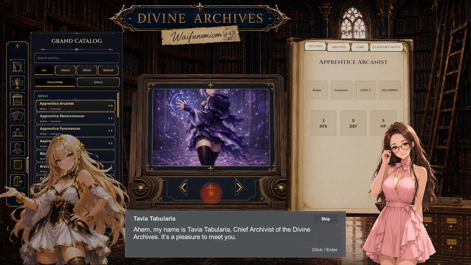 Tavia Tabularia introducing herself as Chief Archivist of the Divine Archives