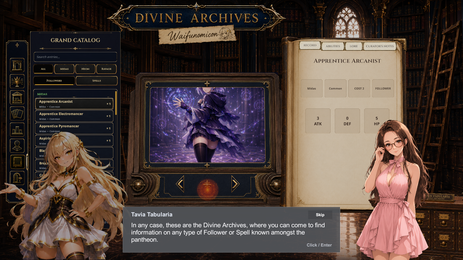 Tavia explains the Divine Archives and its records of Followers and Spells