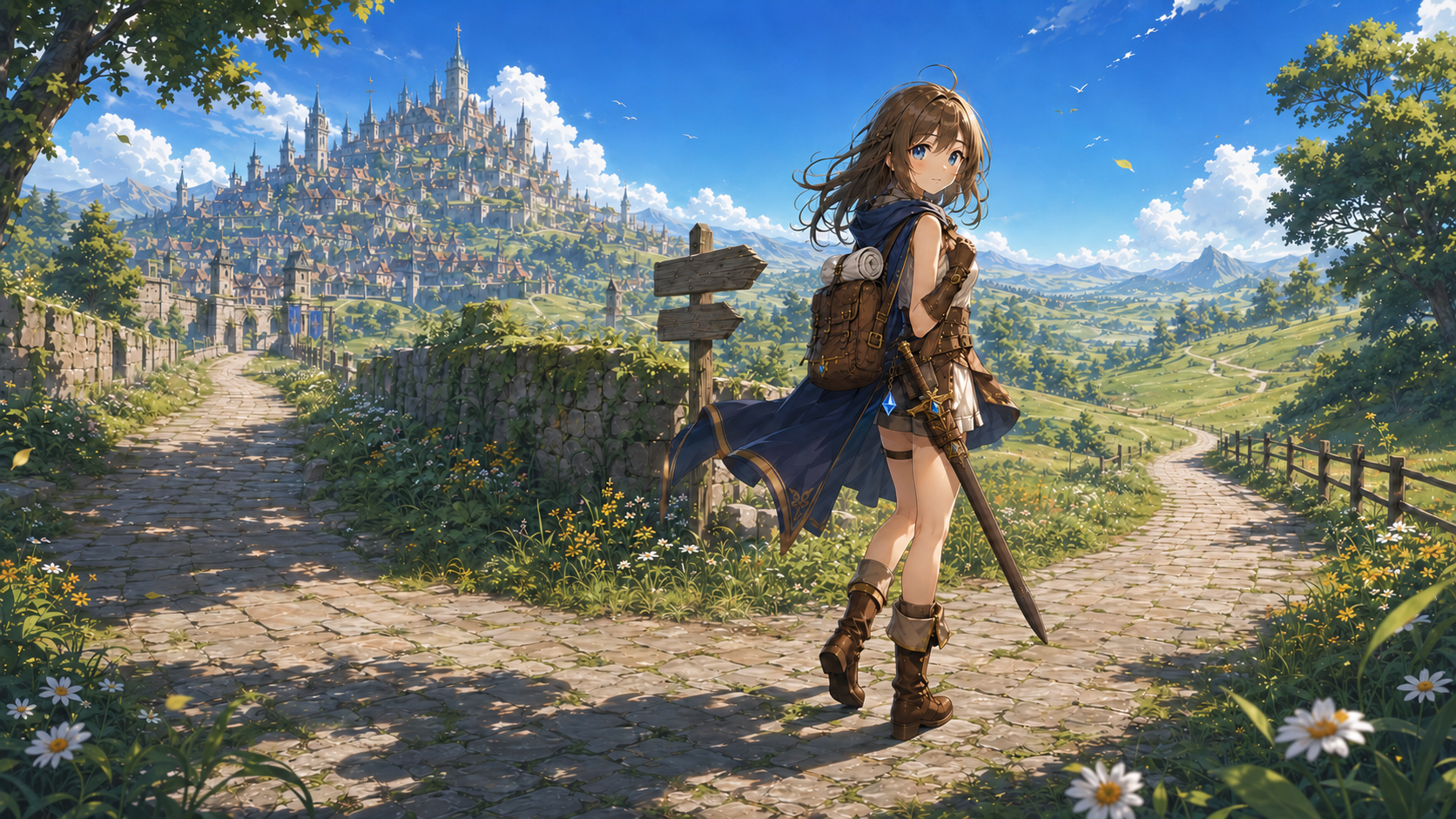 Ana of Tyle stands at a crossroads overlooking a city in the realm of Midas