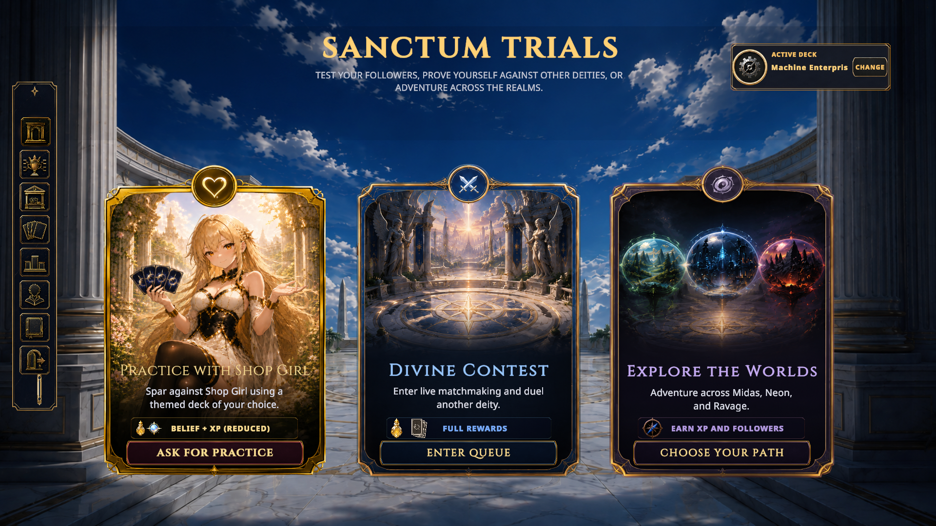 Sanctum Trials screen showing practice, divine contest, and world exploration options